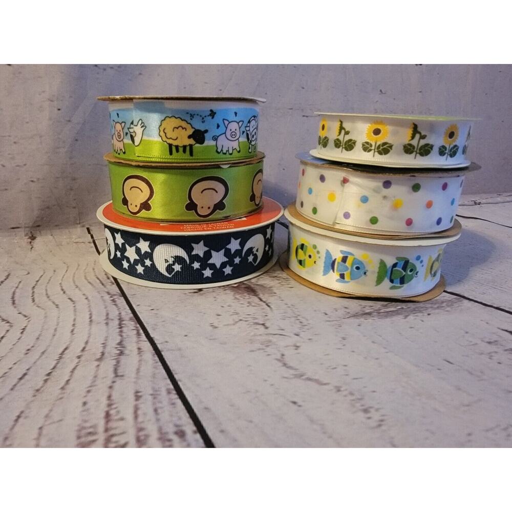 Lot Of Ribbon mostly Satin Fish Farm Moon Stars Monkey